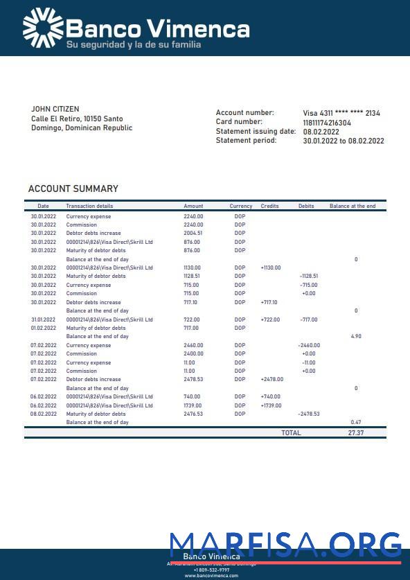 Downloadable Dominican Republic Banco Vimenca bank statement word example
